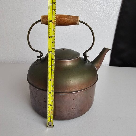 Vintage Copper Teapot Kettle Wood Handle Primitive Rustic Farmhouse DECOR ONLY - Picture 8 of 8